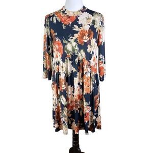 Boho Blue Navy And Orange 3/5 Length Sleeves Floral Dress, Size M
